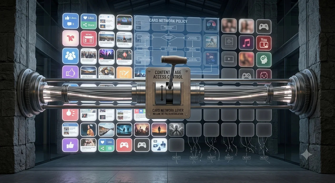 An abstract payment-card rail acting as a gate in front of a stream of platform content, illustrating how card networks have become a de facto age and content regulator that platforms try to satisfy with a single credit-card-on-file checkbox