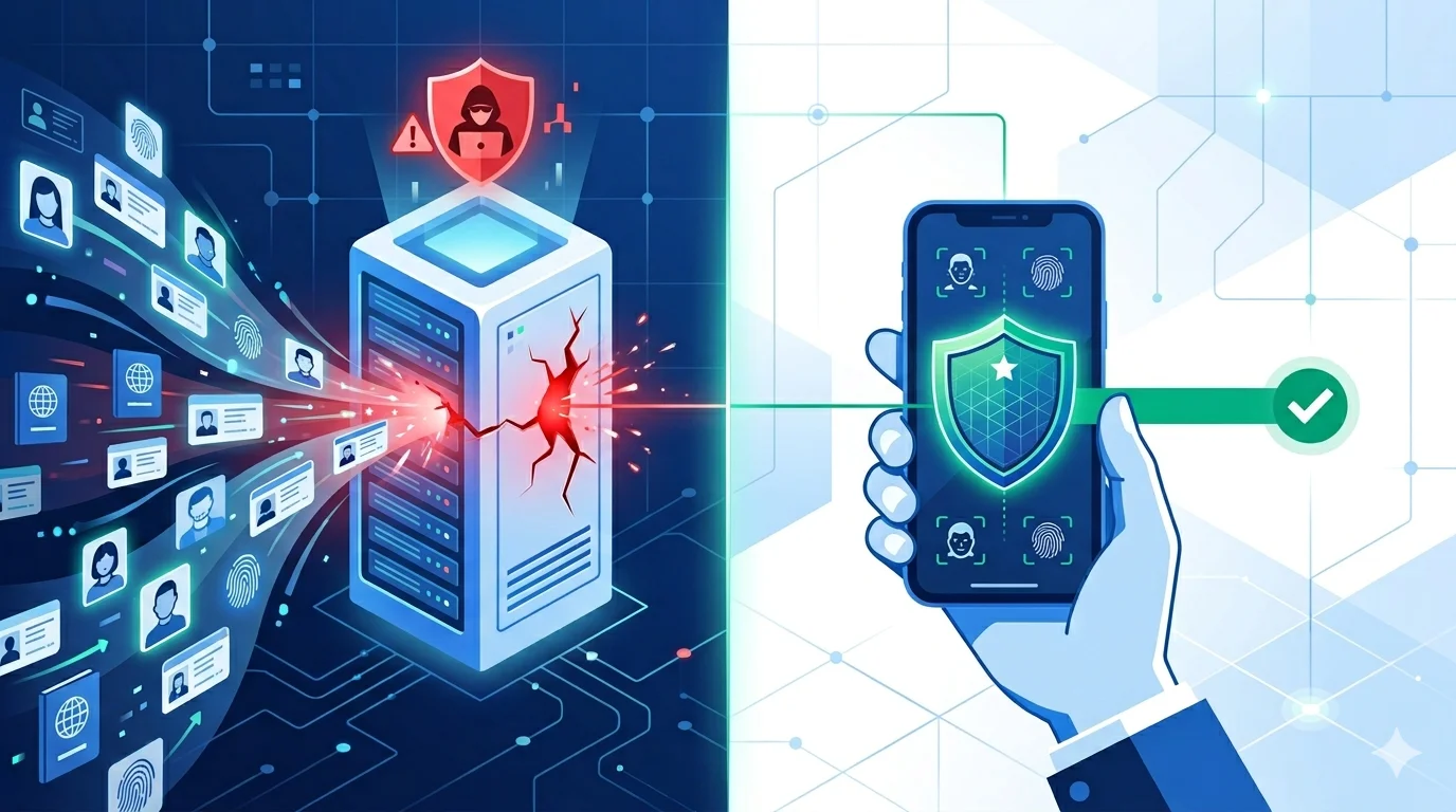 Diagram contrasting centralized identity verification — data flowing to a single server — with a privacy-first on-device architecture where biometric data never leaves the user's phone