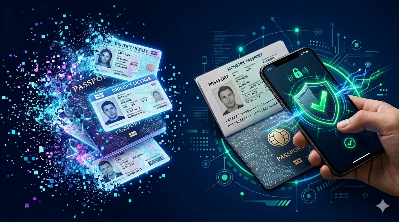 Stack of AI-generated identity documents being read by a smartphone NFC scanner, illustrating the shift from photo-based ID upload to cryptographic chip verification