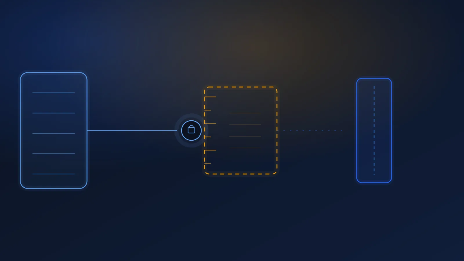 Editorial illustration on a deep slate-navy background: a small sealed token arrives along a line from a large distant block and lands in front of a narrow gate. Between the token and the gate sits an empty measuring frame with no reading on it. Abstract geometric shapes, no faces, no people, no readable text.