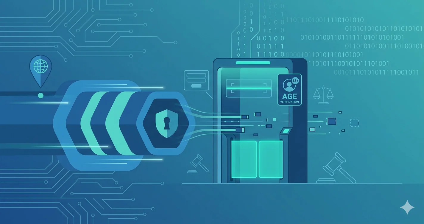 Abstract illustration of a VPN tunnel being intersected by a verification checkpoint, representing Utah's SB 73 anti-circumvention law
