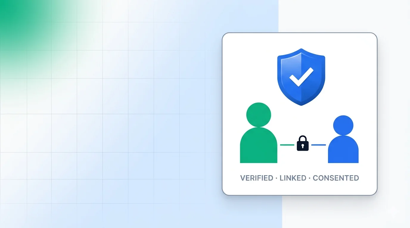 Parent and child illustration with a verified consent shield, representing verifiable parental consent for online platforms