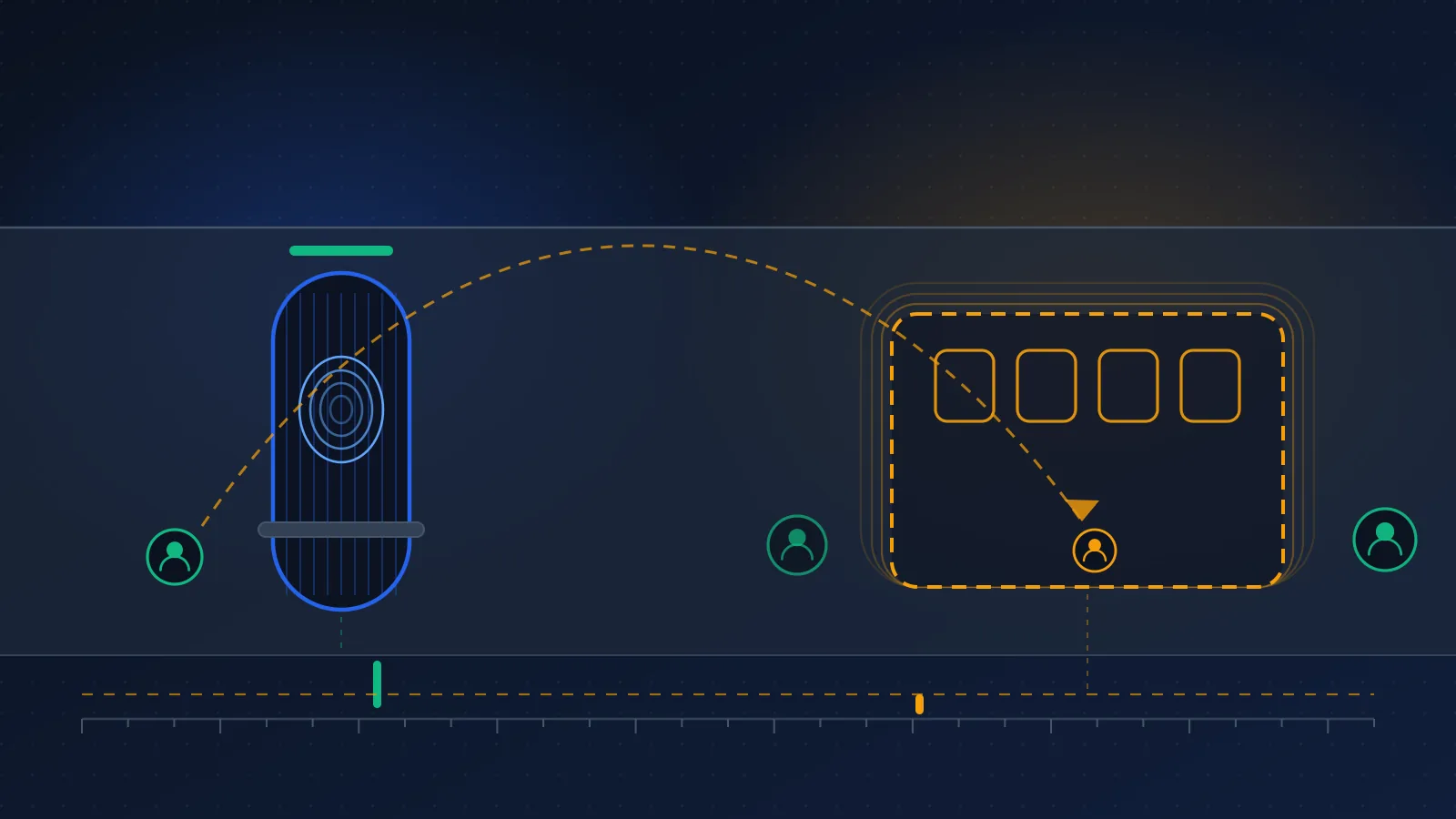 Editorial illustration on a deep slate-navy background: a corridor with two doorways. The left doorway is narrow and sharply drawn, marked with a face-shaped outline. The right doorway is wide and softly drawn, marked with four empty digit boxes, and a second faint outline of a person steps through it. Abstract, no faces, no readable text.