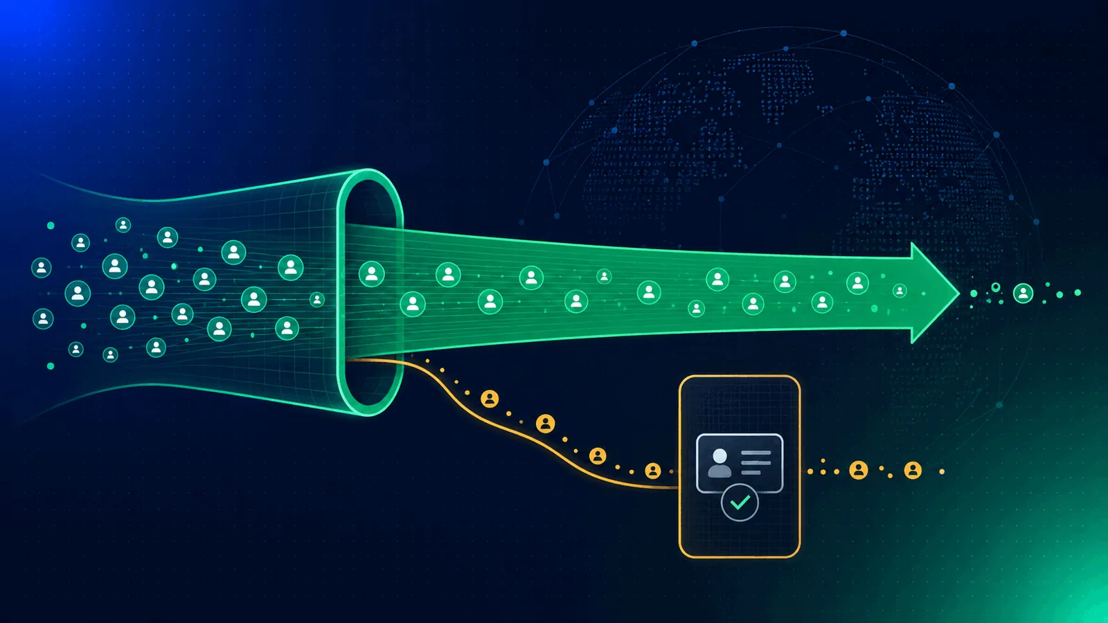Editorial illustration on a deep slate-navy background: a low-friction estimation gate on the left feeds a small stream of uncertain cases into a higher-assurance document verification gate on the right, with a wide green fast-path and a narrow amber step-up path — an abstract funnel diagram, no faces, no logos, elevated to editorial art.